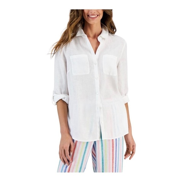 Charter Club 100% Linen Utility Top Size Large RD1 - Picture 1 of 4